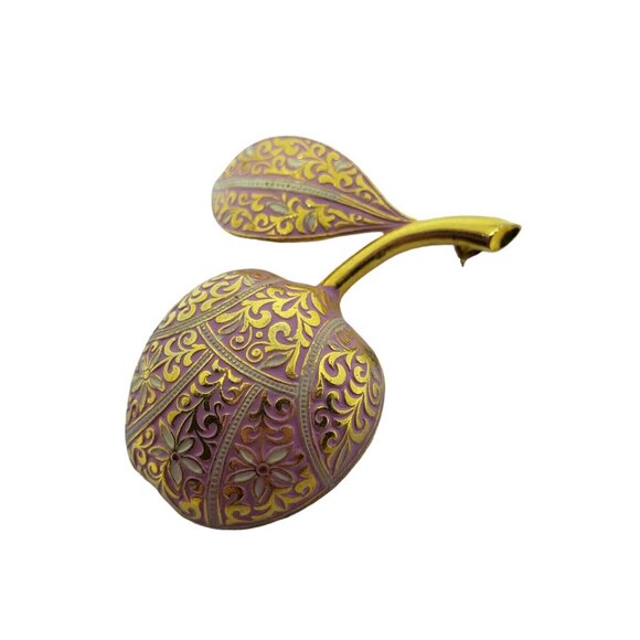 Vintage Estate Pink Enamel Damascene Cherry Brooch Gold Tone 2 1/8" Fruit Pin - Picture 7 of 9